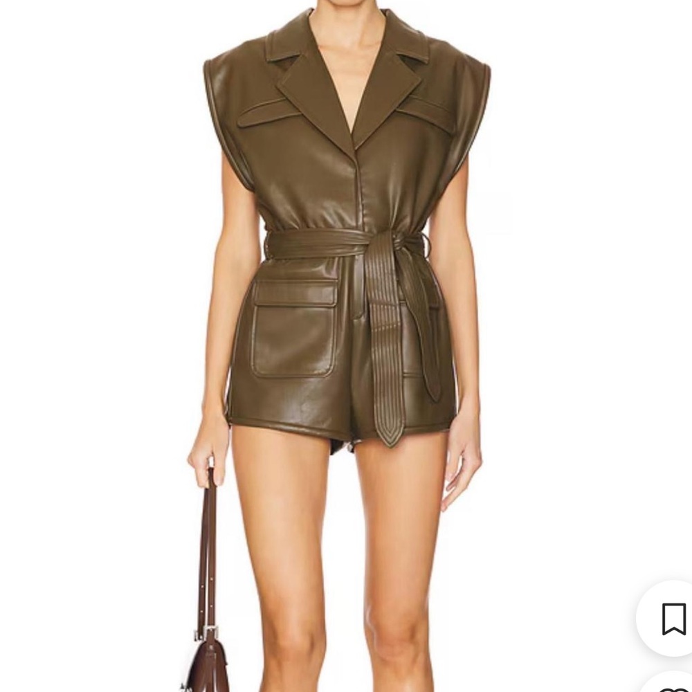 SAYLOR Olive Sleeveless Faux-Leather Belted Romper Jacket